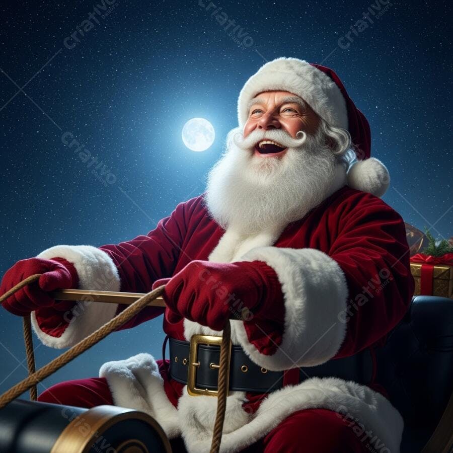 Papai Noel feliz em trenó com lua cheia no céu noturno de Natal