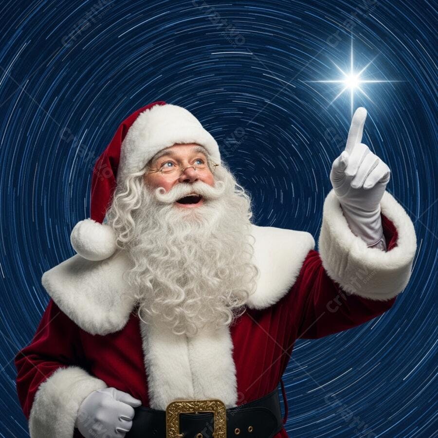 Papai Noel barbudo de vermelho apontando para estrela brilhante no céu noturno azul