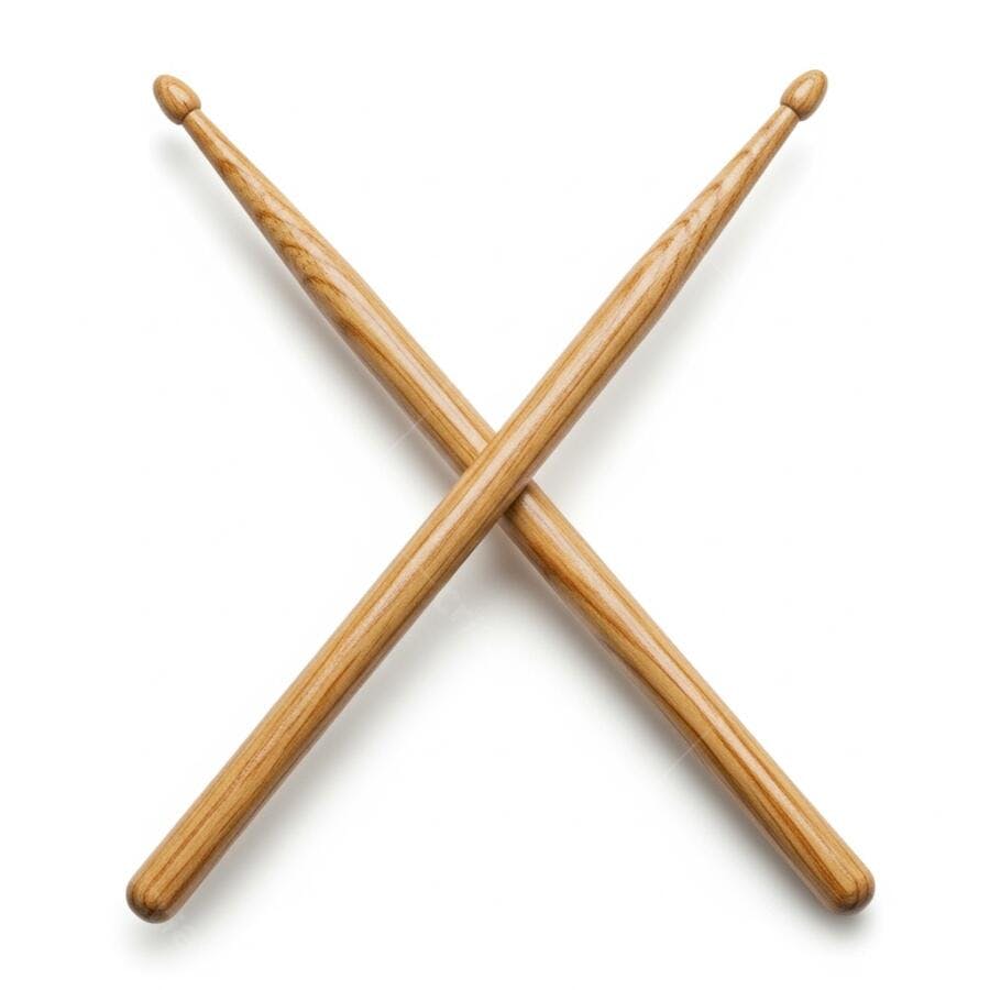 Baquetas de bateria de madeira clara cruzadas em fundo branco