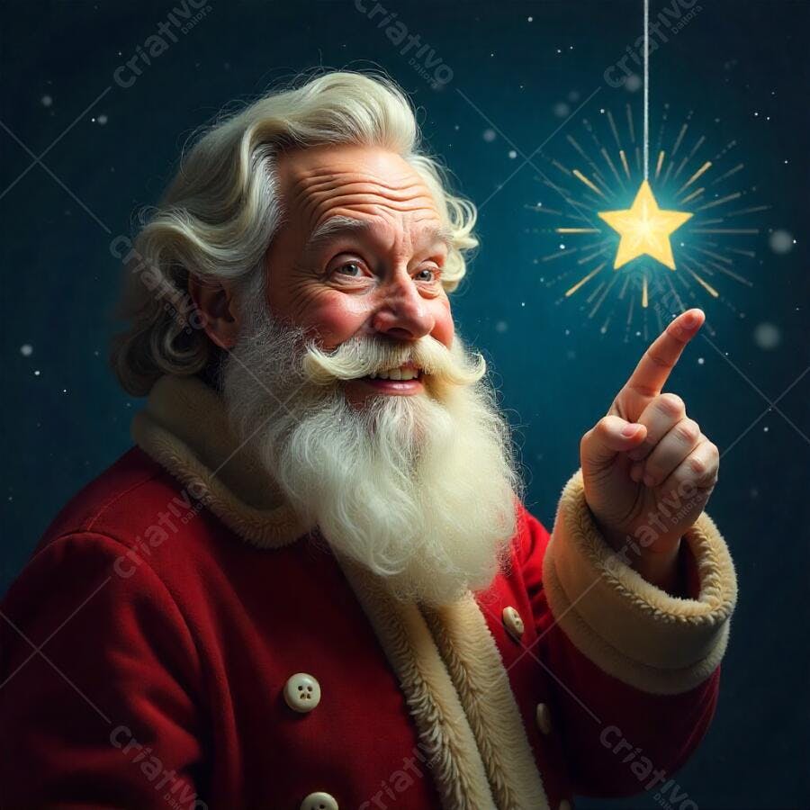 Papai Noel sorridente apontando para estrela brilhante no Natal