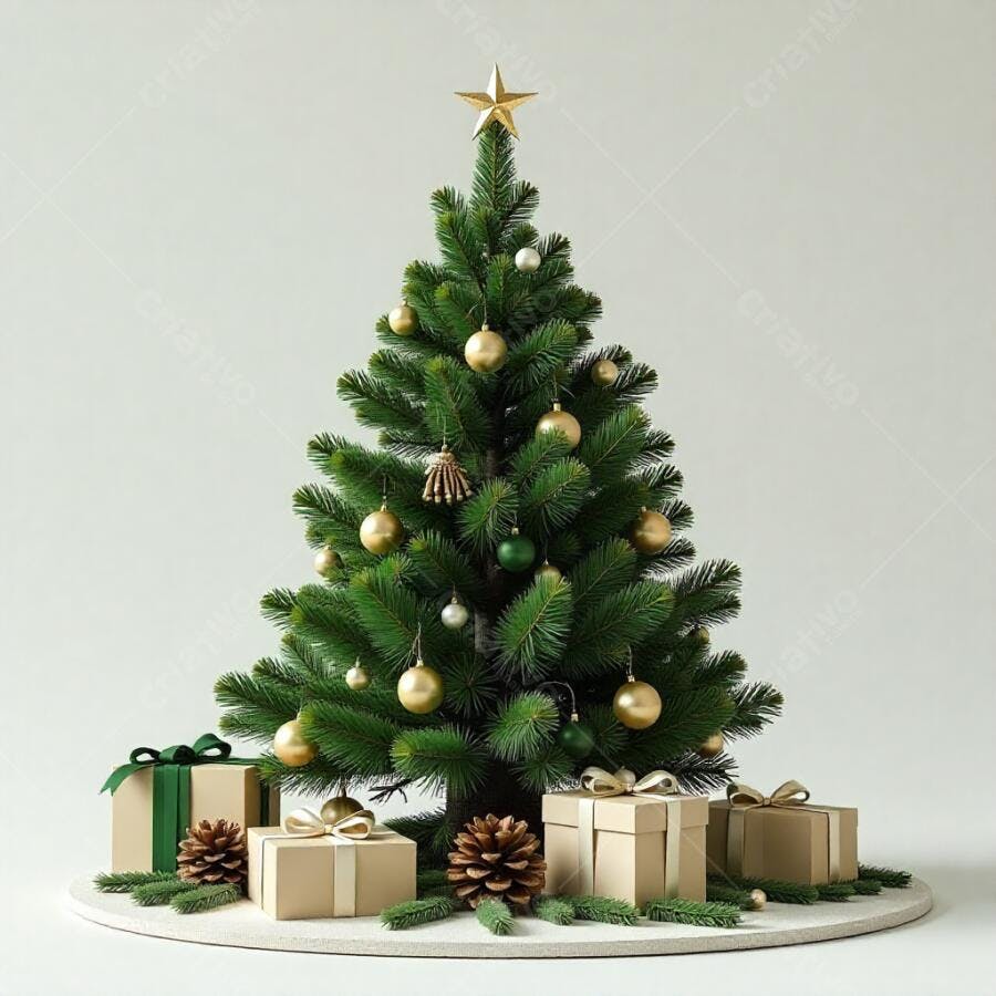 Árvore de Natal verde decorada com bolas douradas presentes e pinhas em estúdio