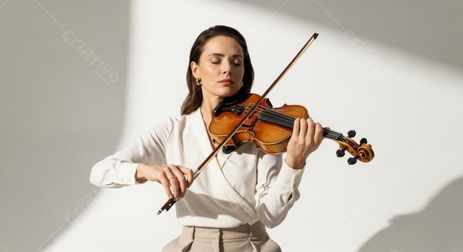 Mulher violinista concentrada tocando violino em estúdio minimalista claro