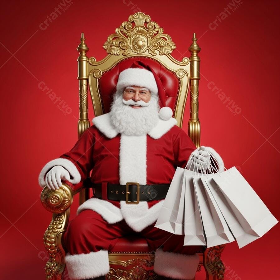 Papai Noel sentado em trono dourado segurando sacolas de compras brancas sorrindo