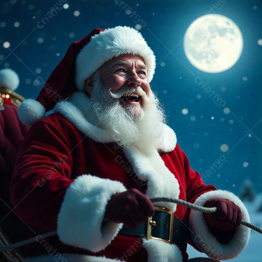 Papai Noel rindo feliz no trenó vermelho sob a lua cheia e neve
