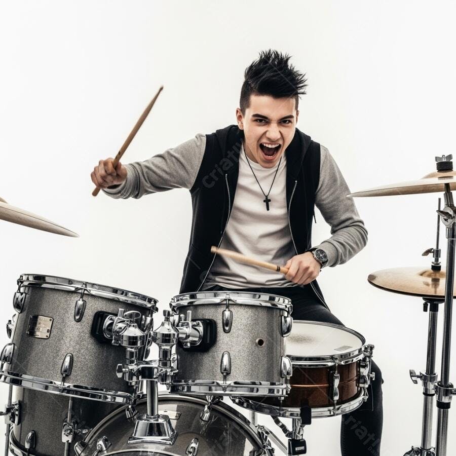 Jovem baterista masculino caucasiano tocando bateria cinza prateada com paixão