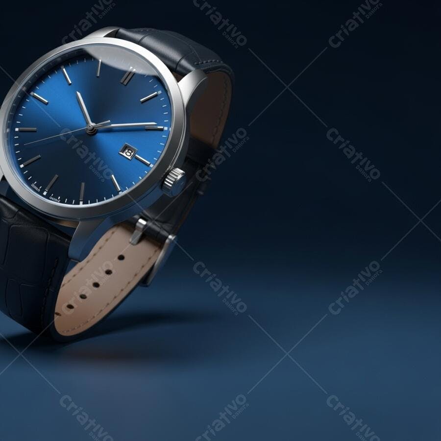 Relógio de pulso masculino azul marinho e prata com pulseira de couro preta em fundo escuro