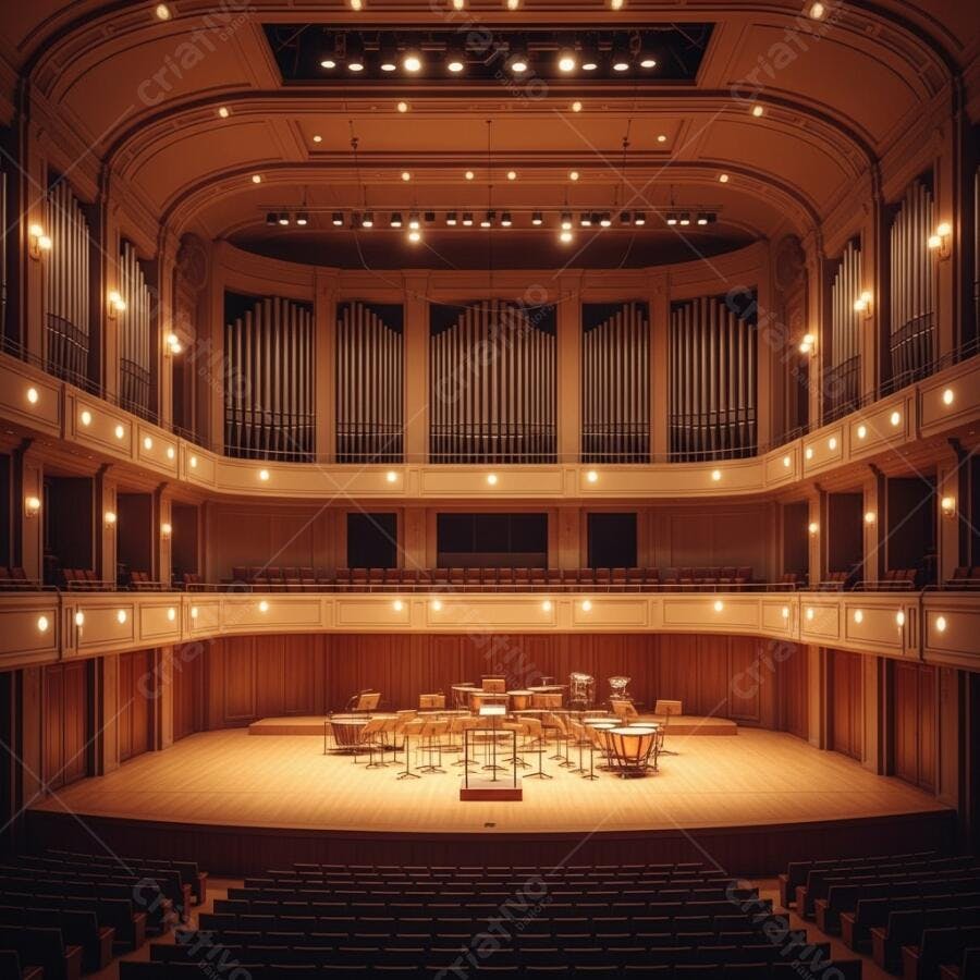 Sala de concerto clássica vazia com palco de orquestra e órgão de tubos