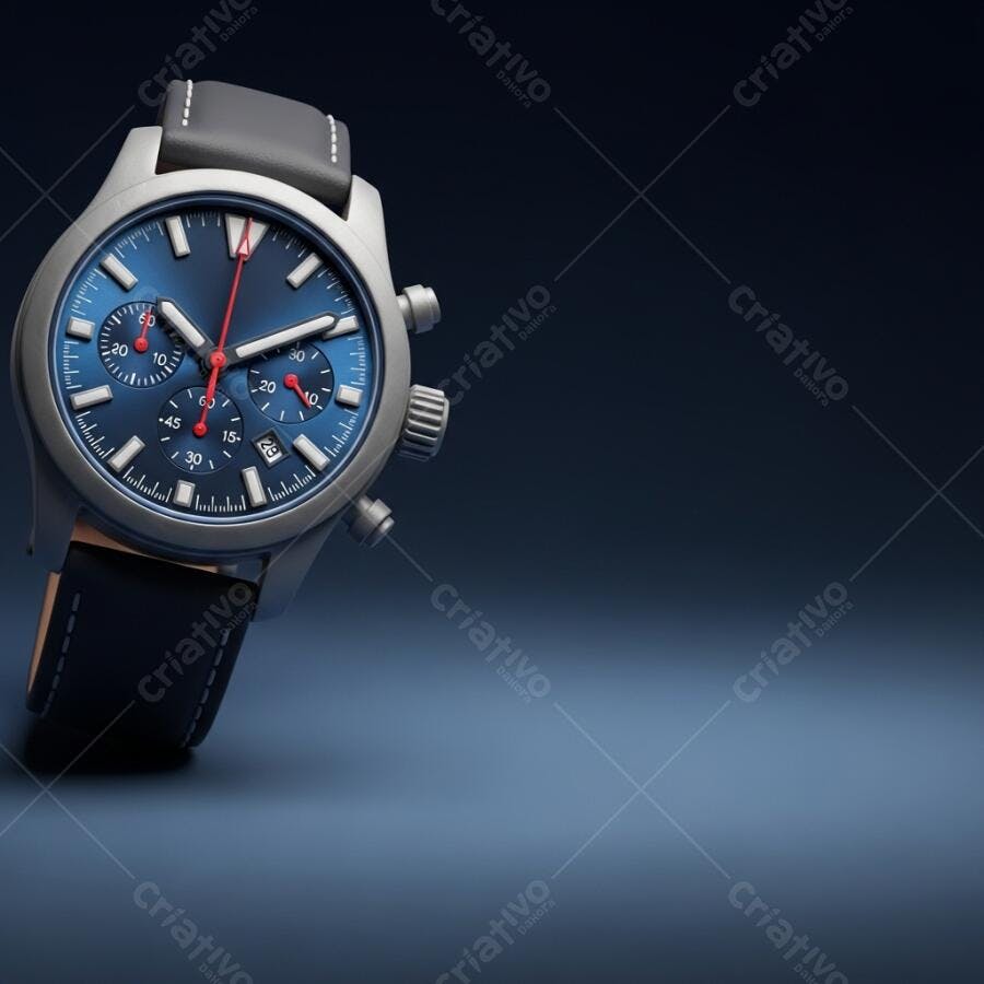Relógio cronógrafo masculino mostrador azul pulseira couro preto fundo escuro