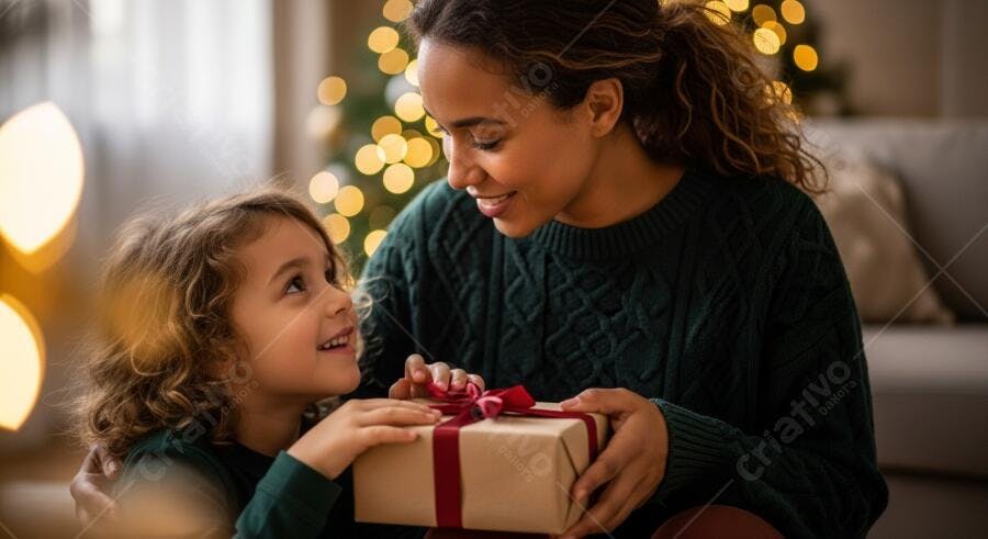 Mulher e criança latina sorridentes trocando presente de Natal com luzes quentes