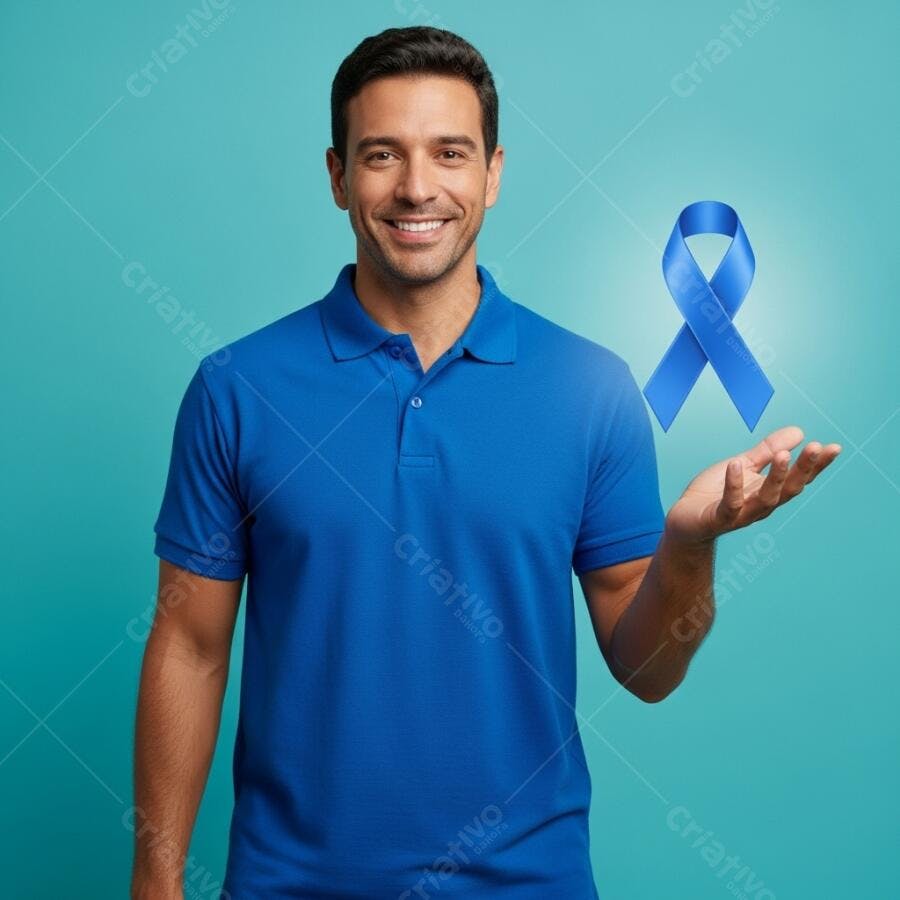 Homem latino sorrindo com polo azul exibindo fita de conscientização masculina