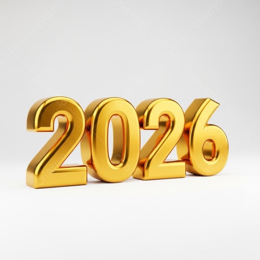 Ano 2026 números dourados 3D em fundo branco