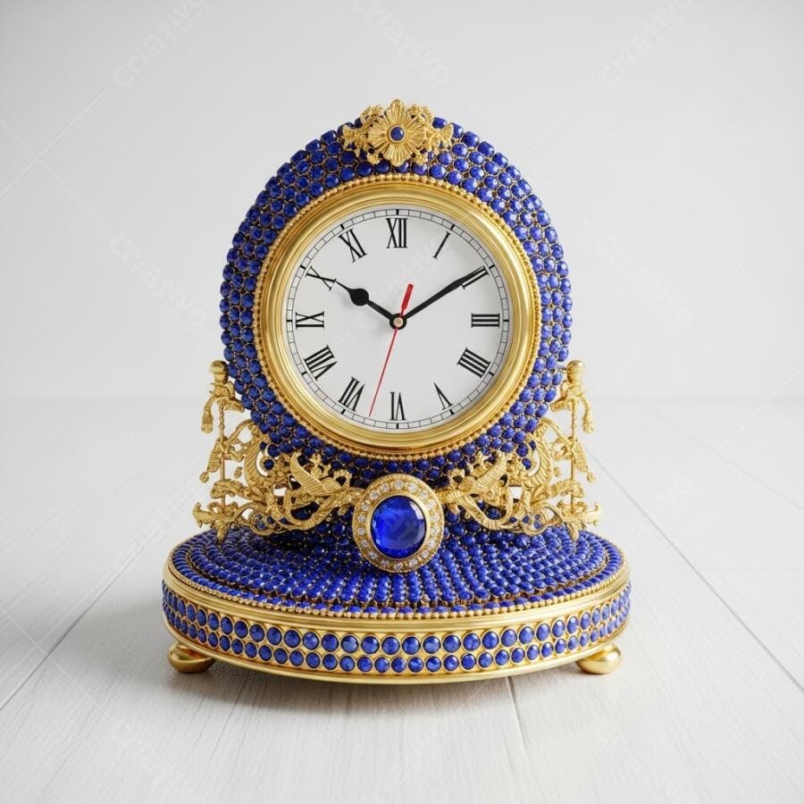 Relógio de mesa azul e dourado com pedras valiosas estilo clássico
