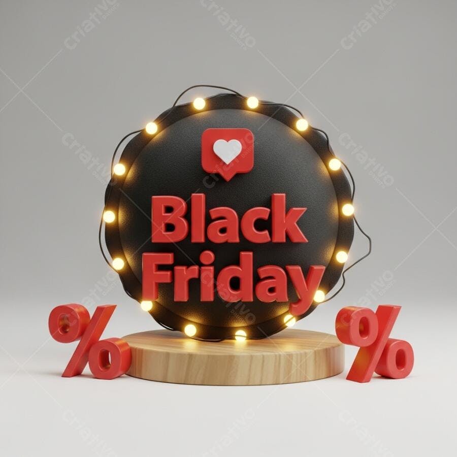 Black Friday placa 3D com luzes vermelhas e símbolos de porcentagem para vendas