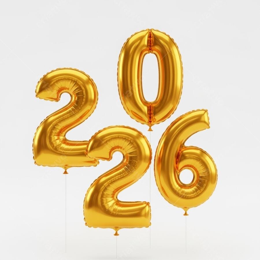 Balões dourados metalizados formando o ano 2026 para celebração