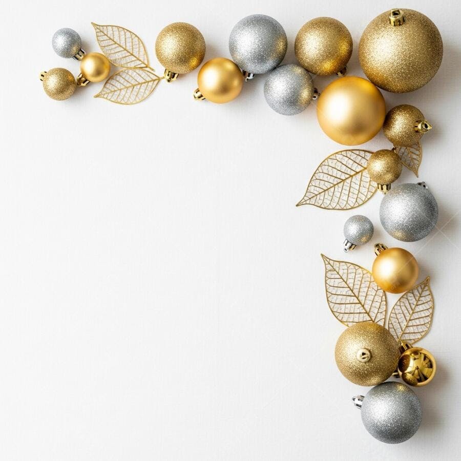 Enfeites de Natal dourados e prateados com folhas decorativas em fundo branco festivo