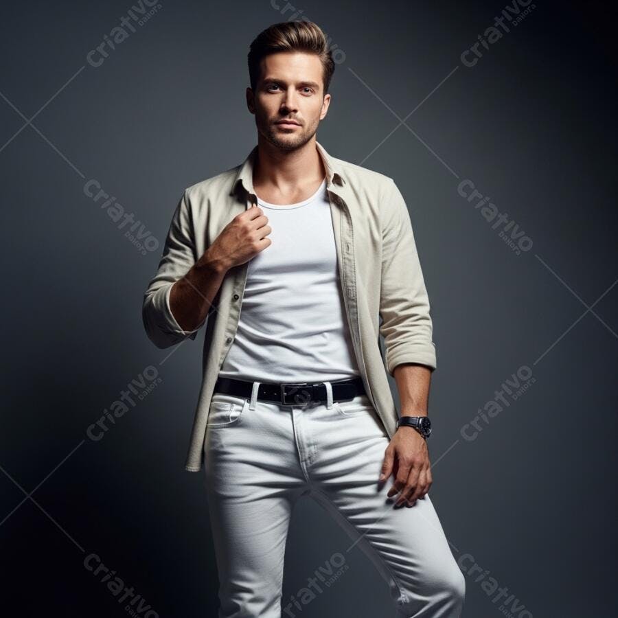 Homem caucasiano jovem e elegante em camisa bege e jeans brancos no estúdio