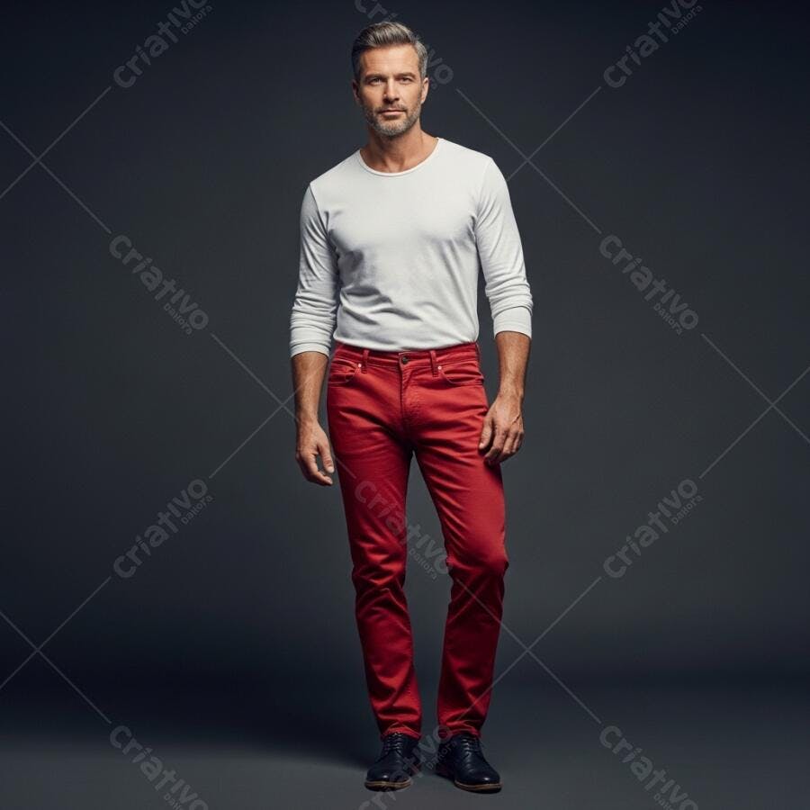 Homem caucasiano cabelos grisalhos calça vermelha camiseta branca em estúdio moderno