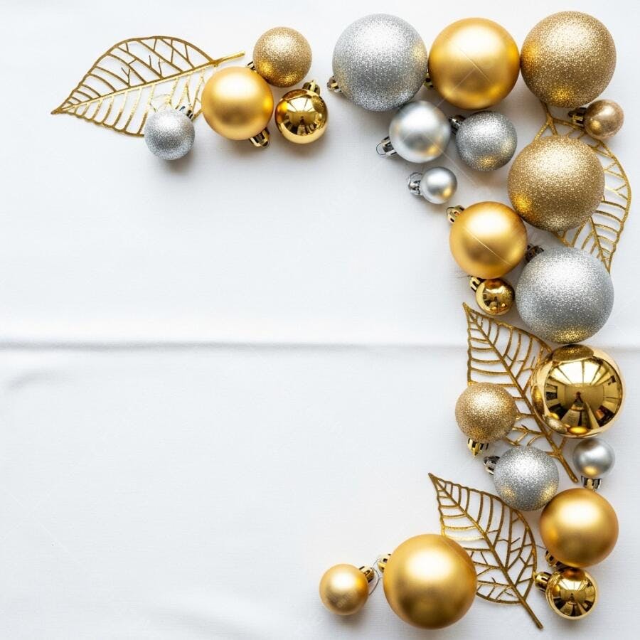 Bolas de Natal douradas e prateadas em arranjo decorativo elegante fundo branco