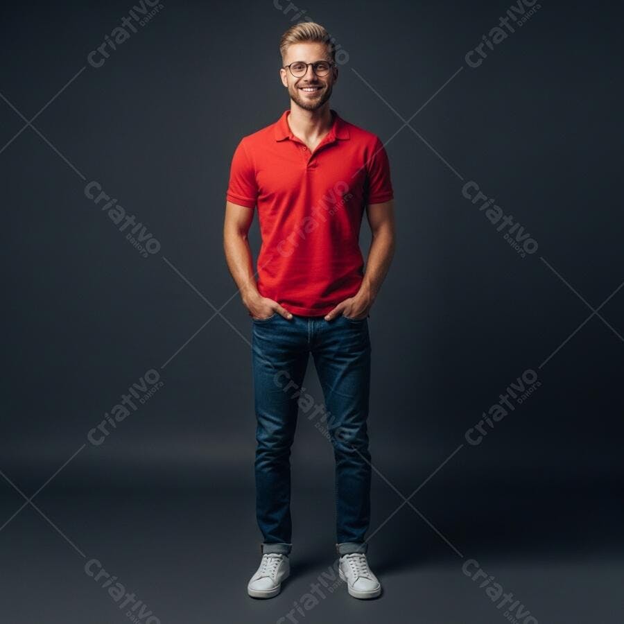 Homem loiro de óculos sorrindo com camisa polo vermelha em estúdio