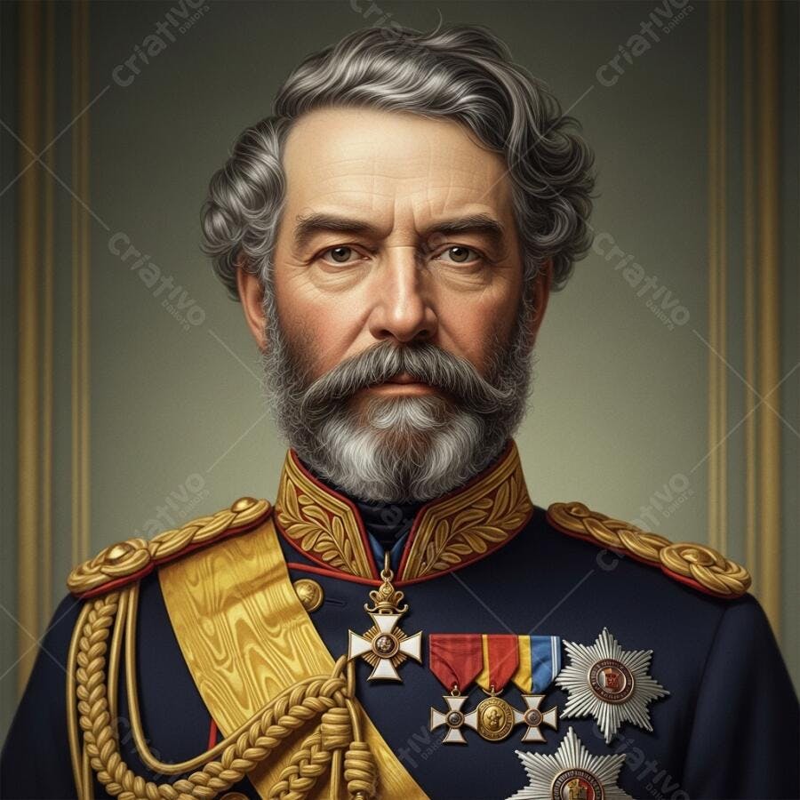 Militar europeu com uniforme azul e medalhas douradas retrato formal