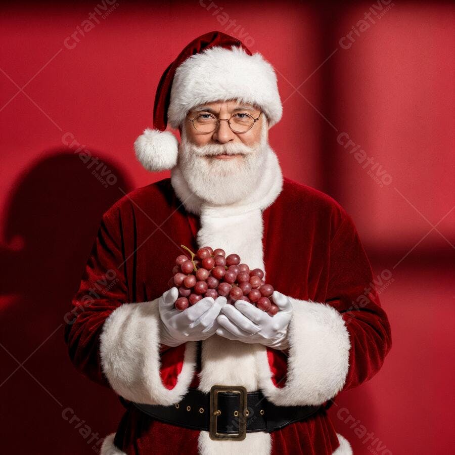 Papai Noel sorridente segurando uvas vermelhas em fundo vermelho festivo