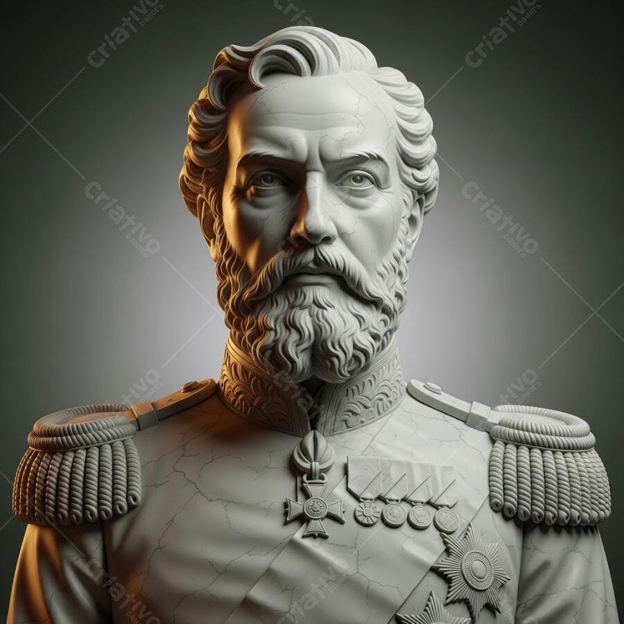 Escultura de busto masculino com barba em uniforme militar de mármore branco clássico