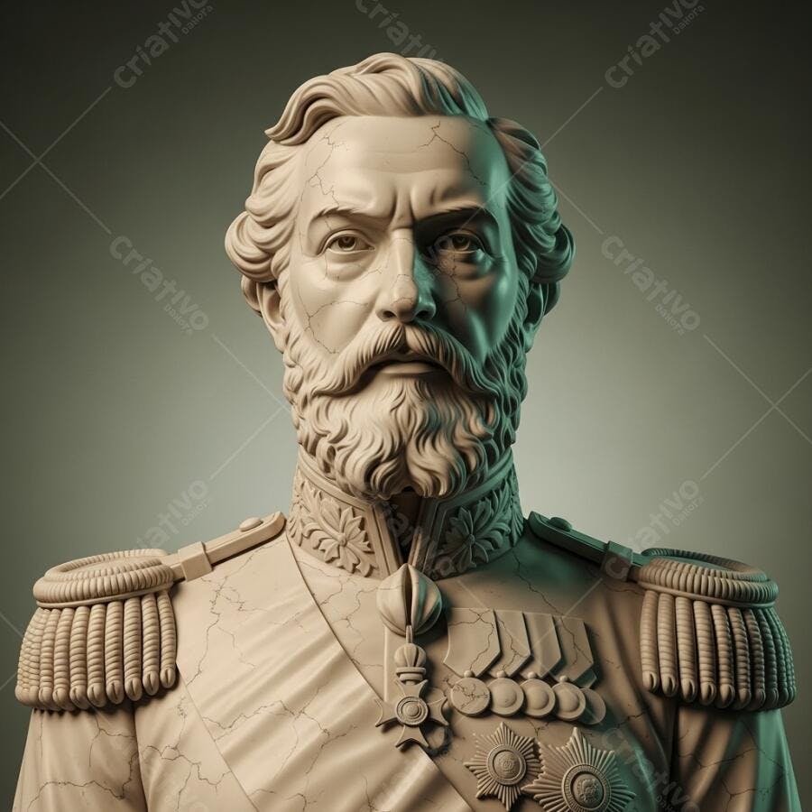 Busto militar antigo homem barbudo uniforme com medalhas em pedra rachada