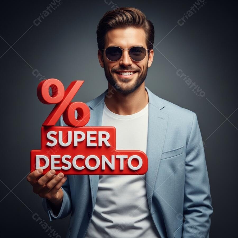 Homem caucasiano sorridente com blazer azul segurando placa Super Desconto