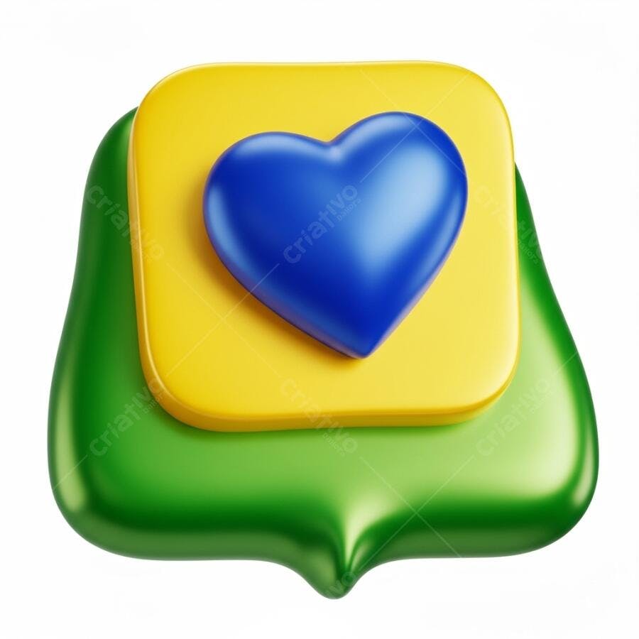 Ícone 3D de coração azul em camadas amarelo e verde simbolizando amor e Brasil