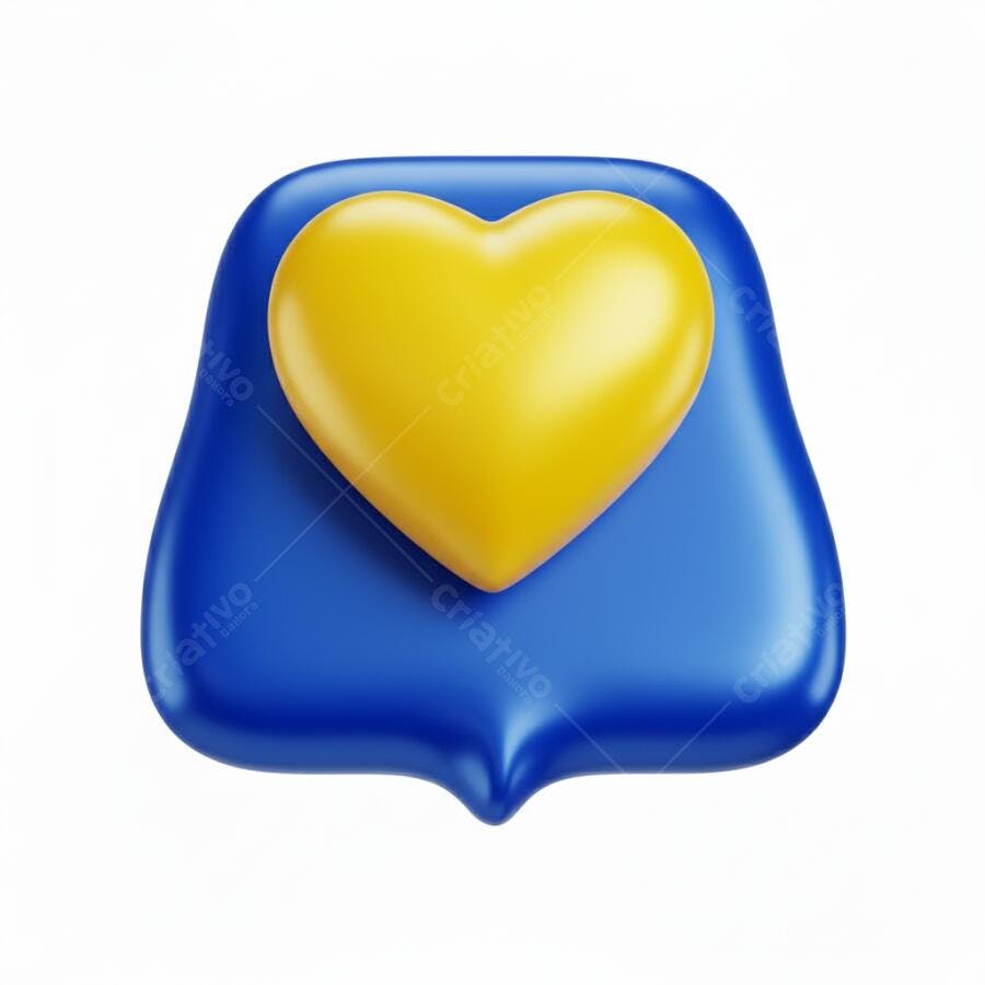 Coração amarelo 3D em ícone azul brilhante amor e proteção
