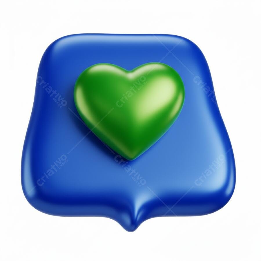 Coração verde 3D em balão de notificação azul brilhante