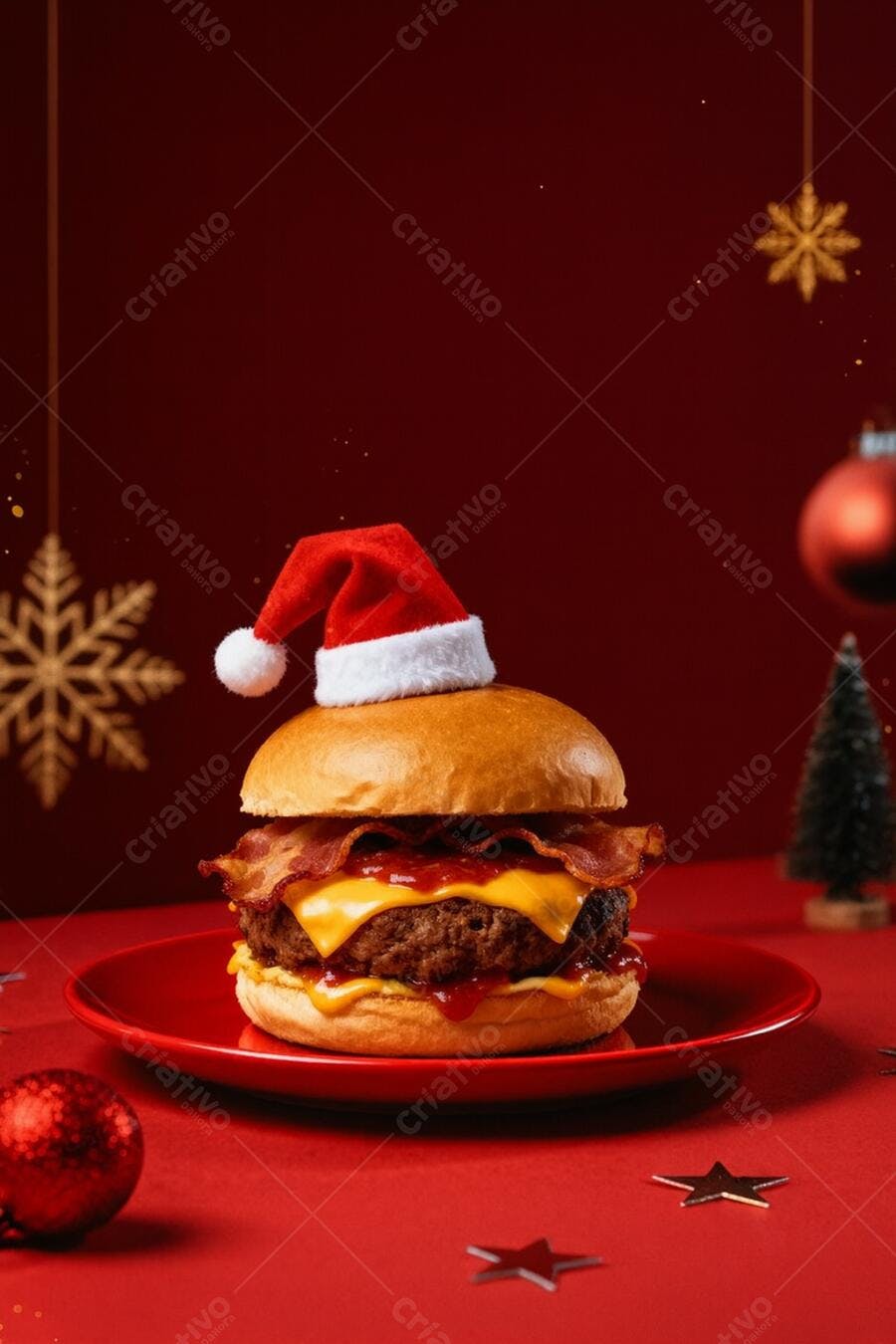 Hambúrguer de Natal com queijo bacon e chapéu de Papai Noel em fundo vermelho festivo