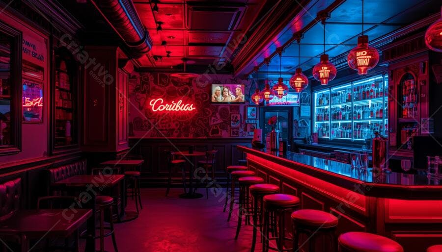 Bar noturno com luzes neon vermelhas e azuis vibrantes vazio