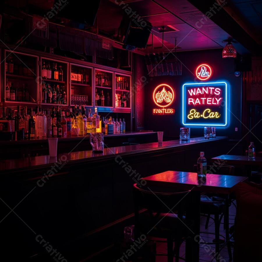 Bar noturno com luzes neon vibrantes e balcão cheio de garrafas vazias