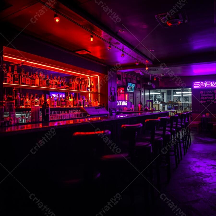 Balcão de bar iluminado com luz neon vermelha e roxa em um lounge noturno moderno