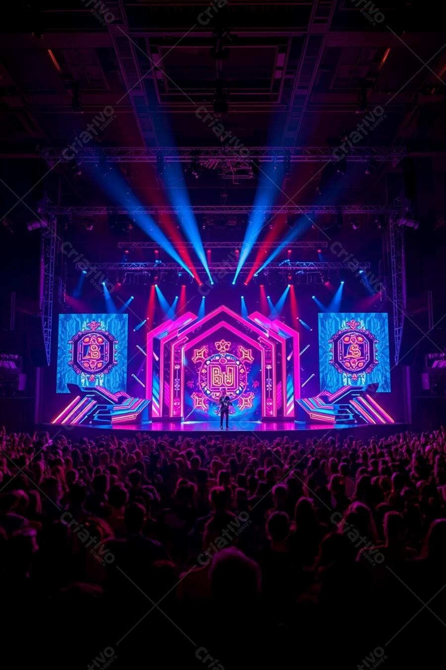 DJ performando em palco vibrante com luzes neon azuis e rosas para multidão animada