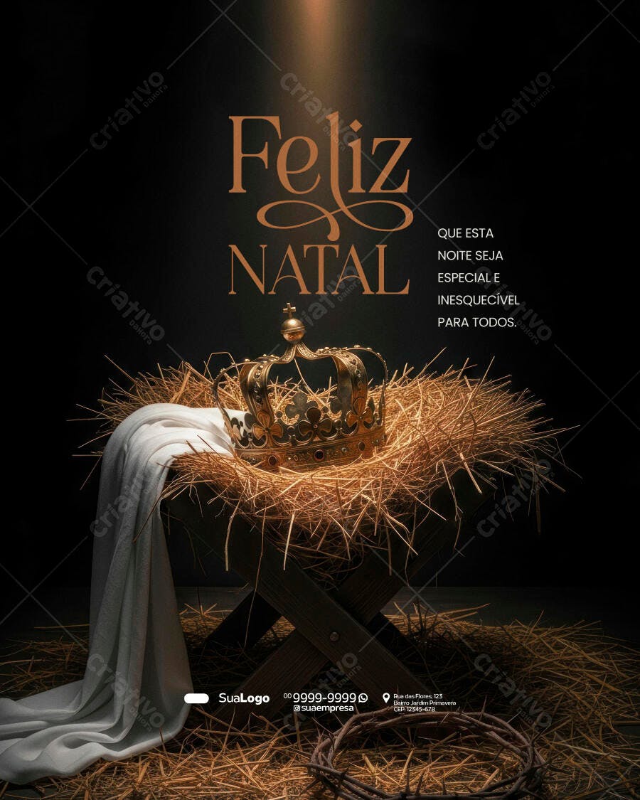 Flyer Mensagem Natalina Manjedoura Coroa Ouro PSD Editável