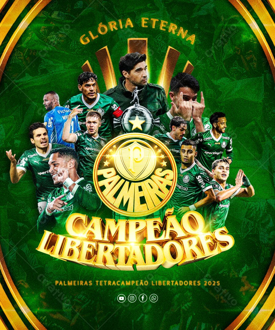 Flyer Digital Palmeiras Tetracampeão Libertadores 2025 PSD Editável