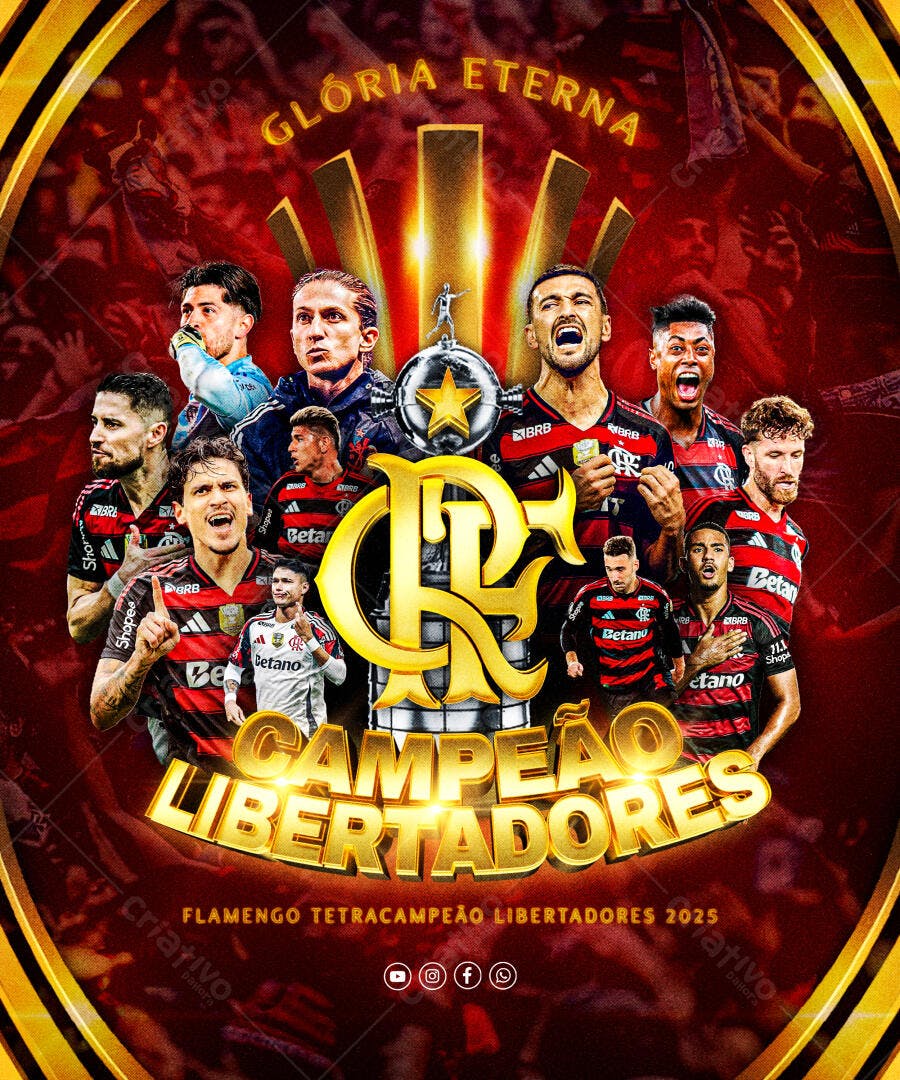 Flyer Futebol Flamengo Tetracampeão Libertadores 2025 PSD Editável