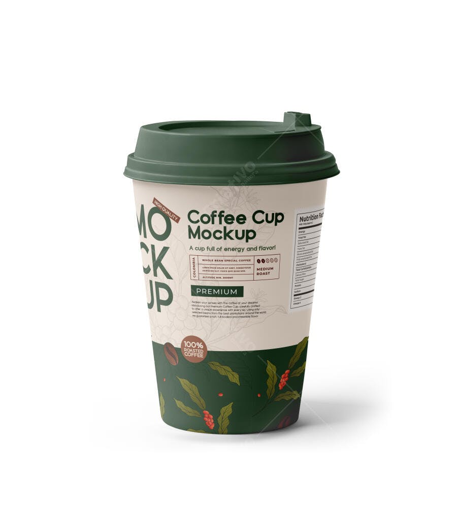 Mockup Realista de Copo de Café com Tampa Verde e Design Botânico para Embalagem