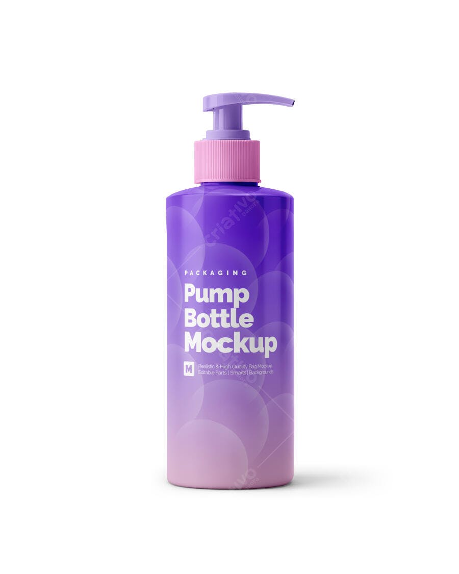 Mockup Frasco com Pump Gradiente Roxo e Rosa para Embalagens de Cosméticos Realista