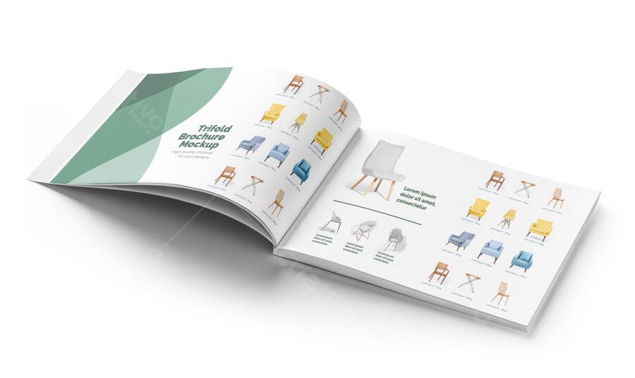 Mockup de Brochura Tríptica Aberta com Catálogo de Móveis Modernos Minimalista