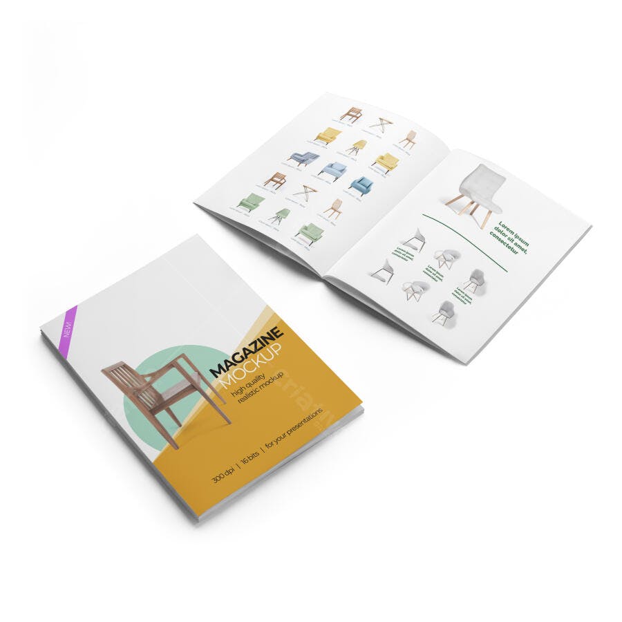 Mockup de Revista e Catálogo de Móveis Aberto e Fechado Realista Fundo Branco