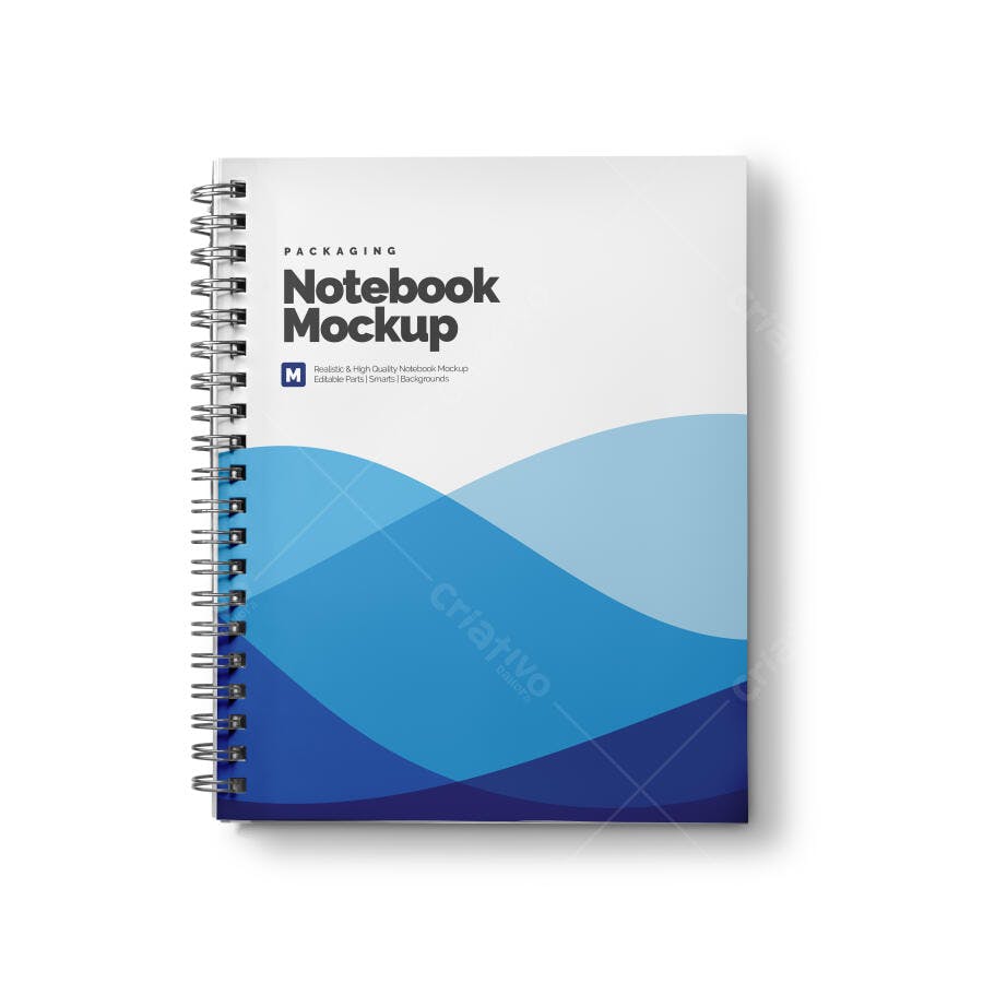 Mockup de Notebook Espiral Realista com Design Limpo e Ondas Azuis