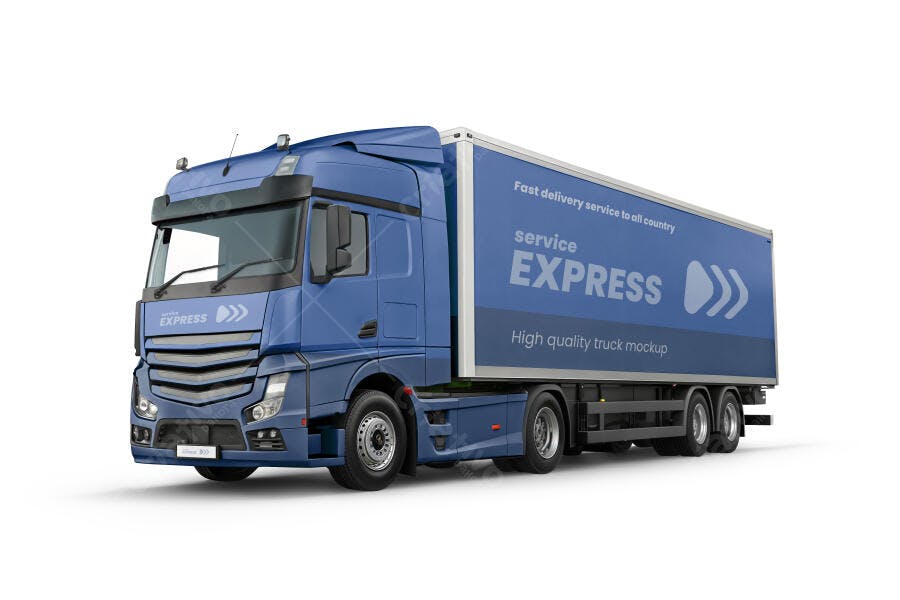 Mockup Caminhão Azul Semi-reboque com Carreta de Entrega Expresso Realista