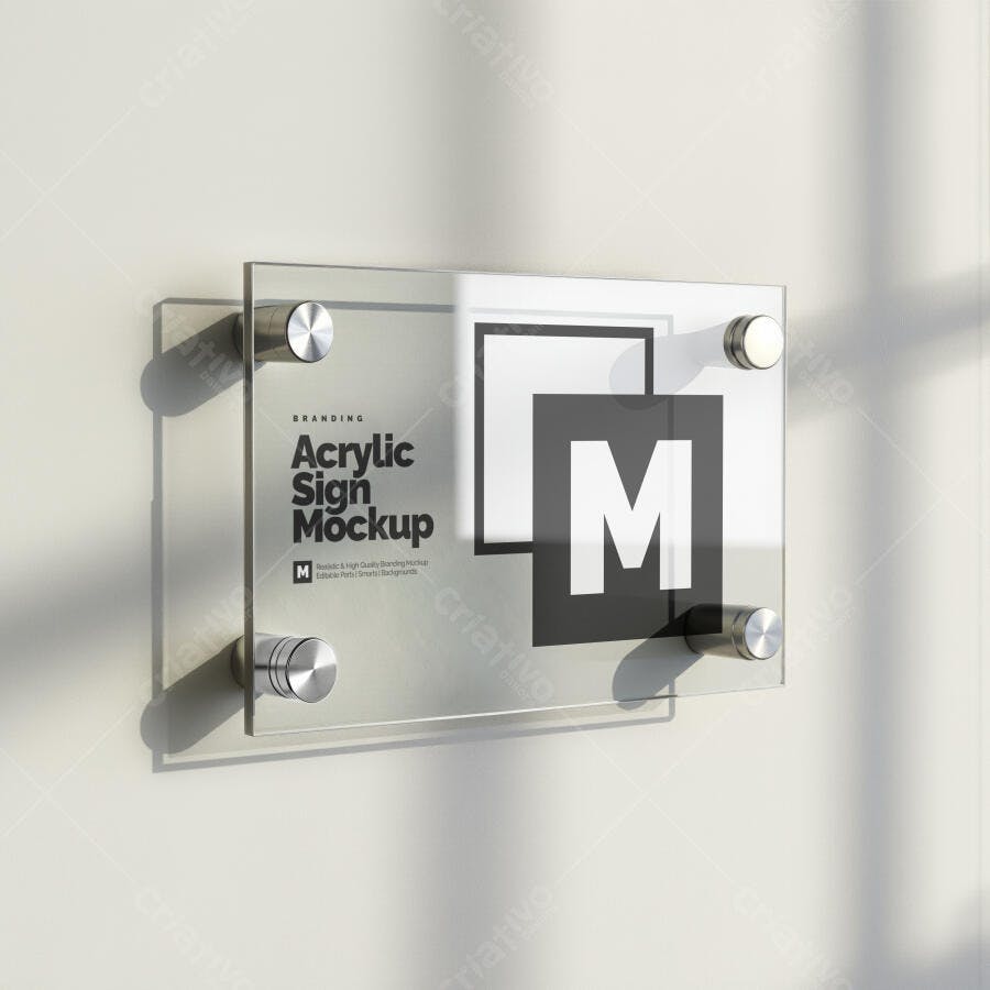 Mockup Realista de Placa de Acrílico Transparente em Parede Branca para Escritório