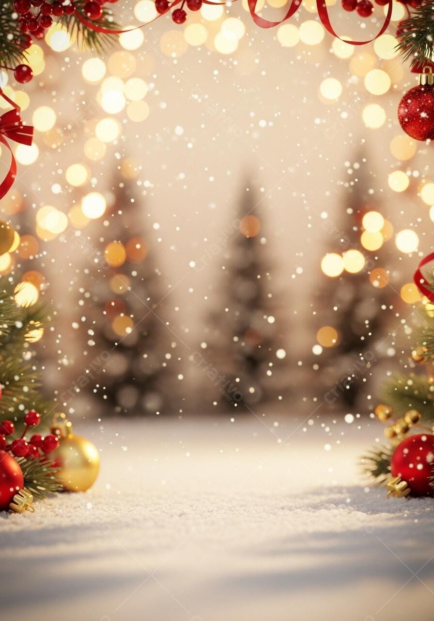 Fundo de Natal com neve caindo e luzes bokeh douradas