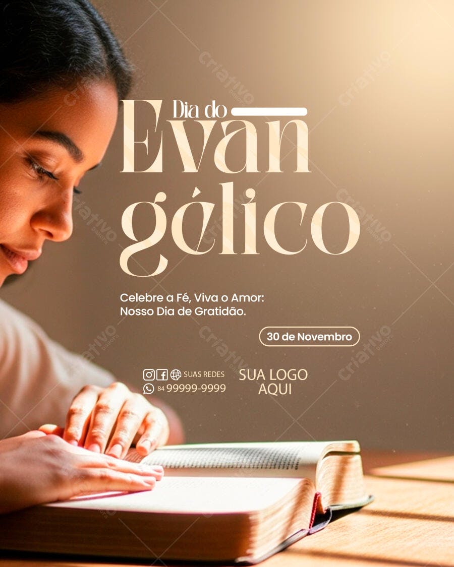 Flyer Dia do Evangélico Mulher Orando Gratidão PSD Editável