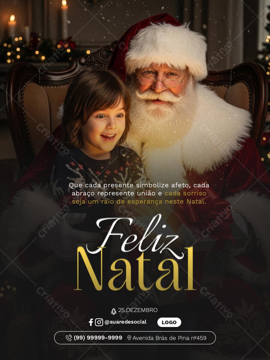 Flyer Natalino Feliz Natal com Papai Noel e Criança PSD Editável
