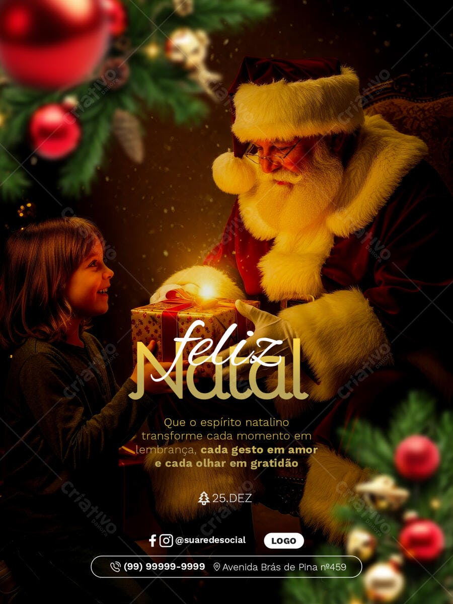 Flyer Digital Feliz Natal com Papai Noel e Menina PSD Editável